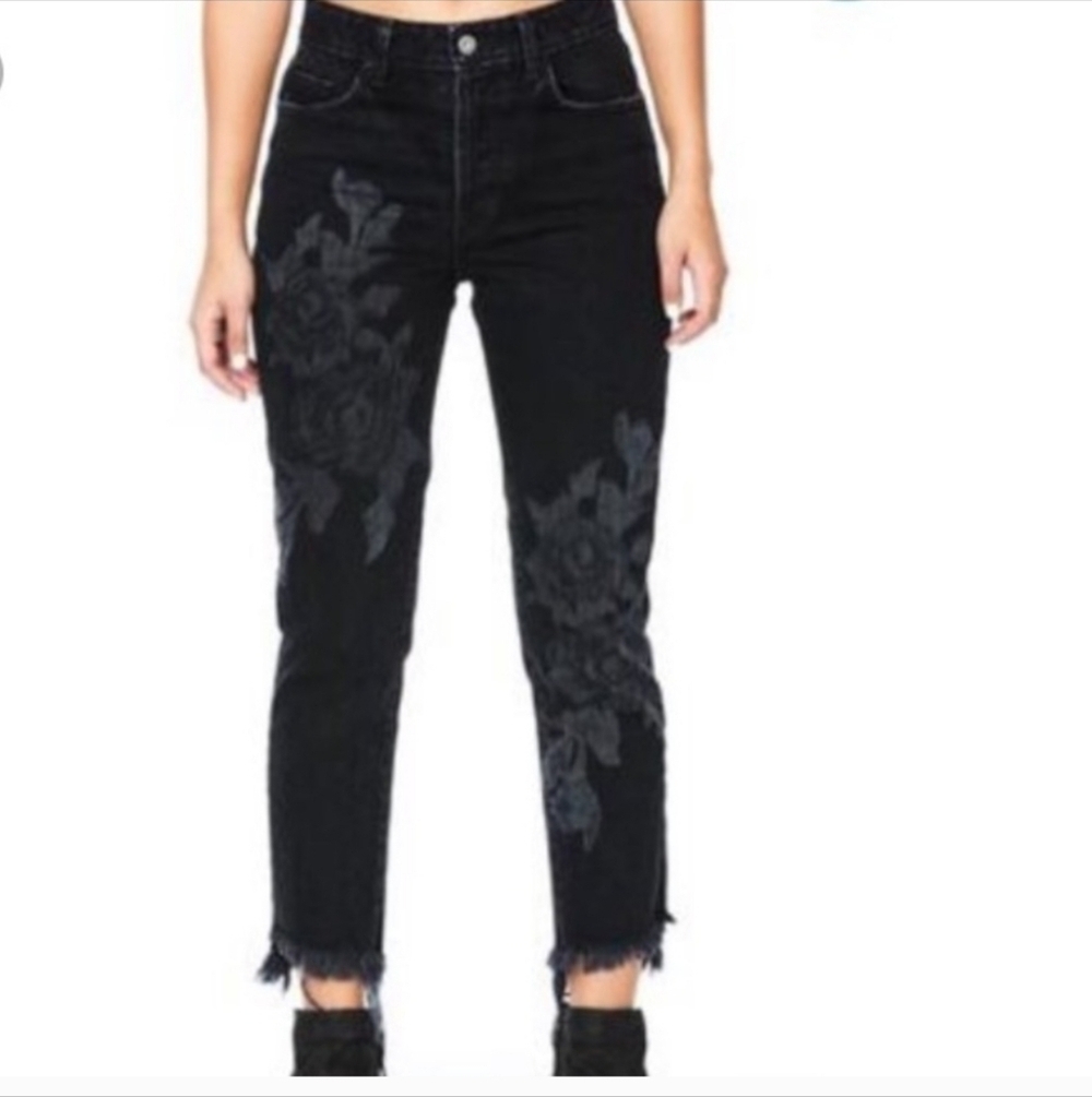 Carmar Button Fly Black Floral Jeans With Frayed Hem Size 27